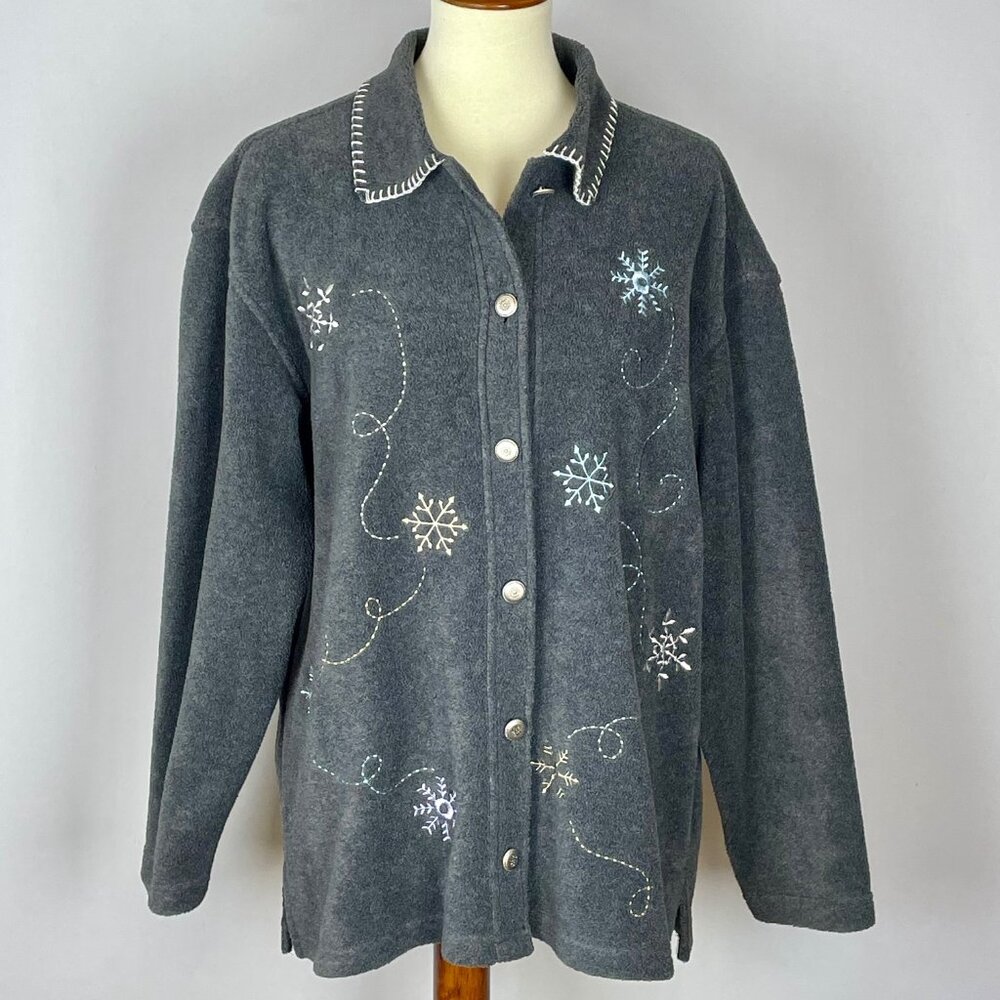 Vtg 90s San Michelle Bay Fleece Cardigan Sz M Embroidered Snowflake Cozy Winter